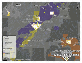 Figure 3: Location of Wescan’s land package, including the newly staked Lindsay Lake Project and the Munro Lake, Fork Lake and Jojay Lake projects.