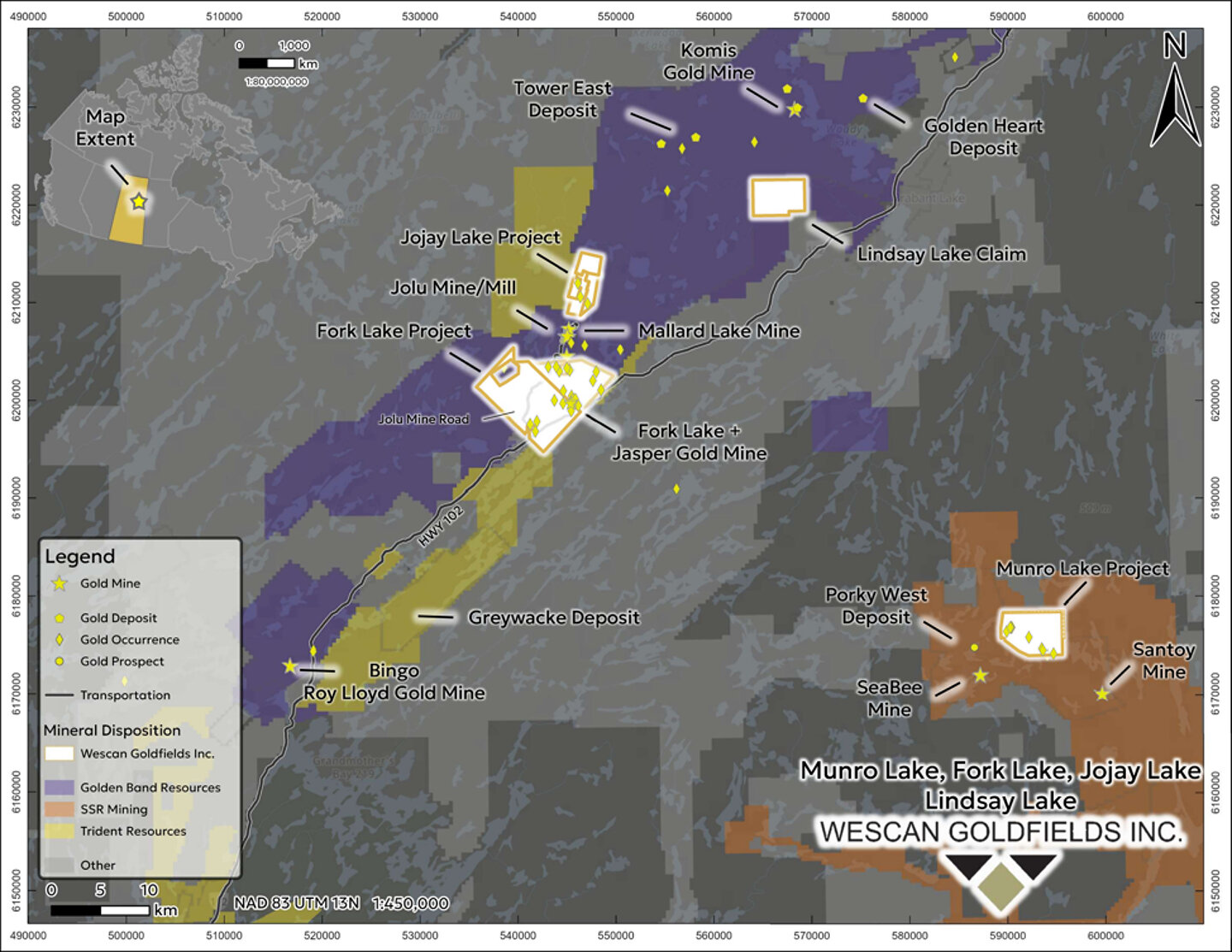 Figure 3: Location of Wescan’s land package, including the newly staked Lindsay Lake Project and the Munro Lake, Fork Lake and Jojay Lake projects. Figure 3: Location of Wescan’s land package, including the newly staked Lindsay Lake Project and the Munro Lake, Fork Lake and Jojay Lake projects.