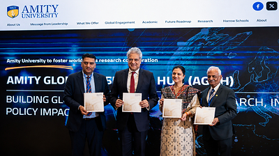 Leaders inaugurate Amity Global Research Hub in New York to Strengthen India–US Research and Innovation Partnerships. From Left to Right: Dr. Sandeep Mittan, Dr. Aseem Chauhan, Smt. Shruti Pandey Consul, Prof. Dr. W. Selvamurthy