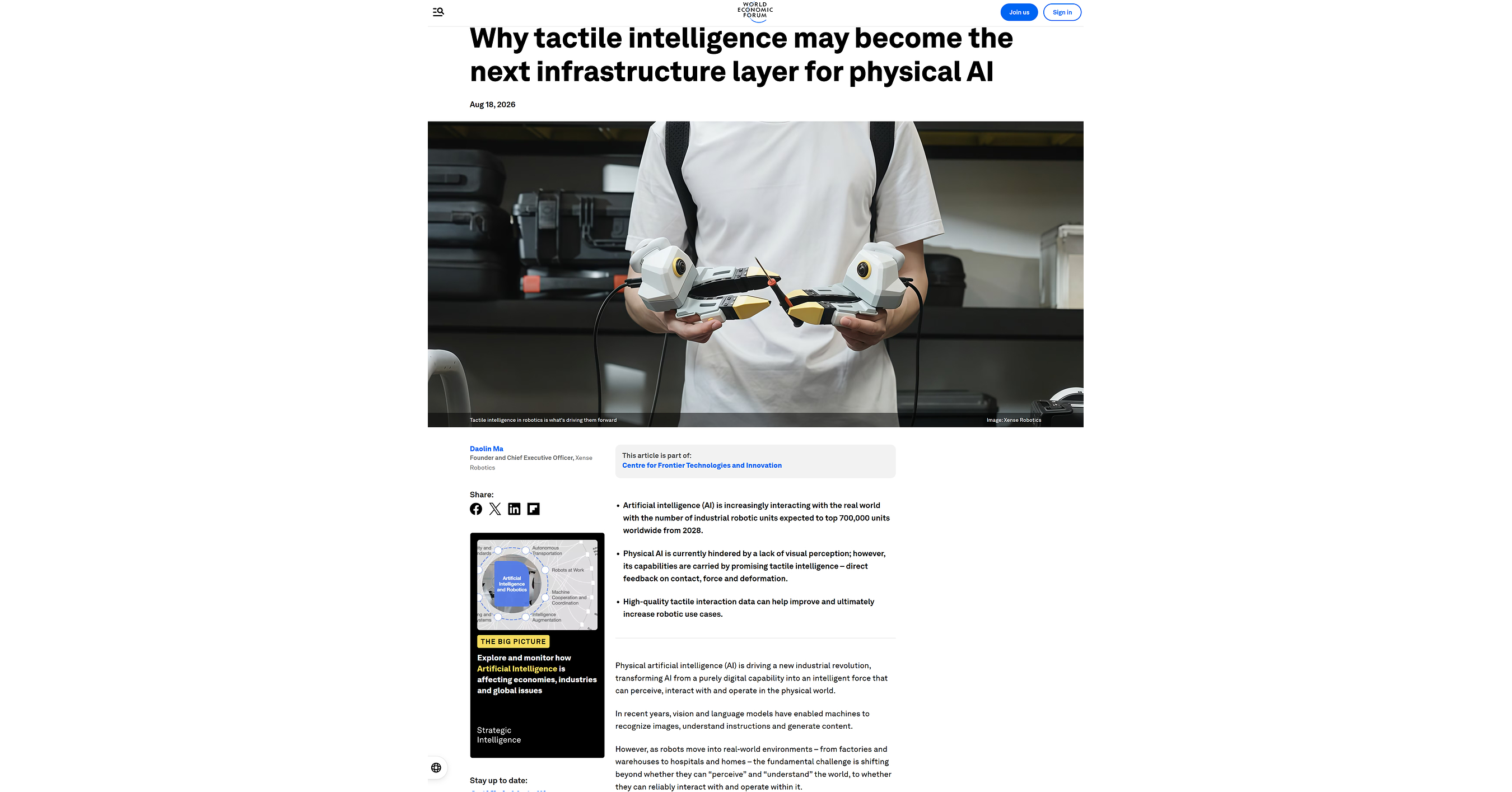 Xense Robotics CEO Daolin Ma Publishes Bylined Article in the World Economic Forum