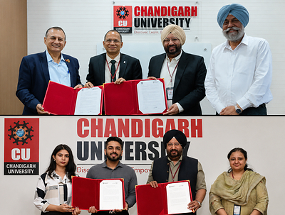 Chandigarh University Senior Management during signing of MoUs with Foundation Futuristic Technologies Pvt Ltd & Level UP PR at campus.