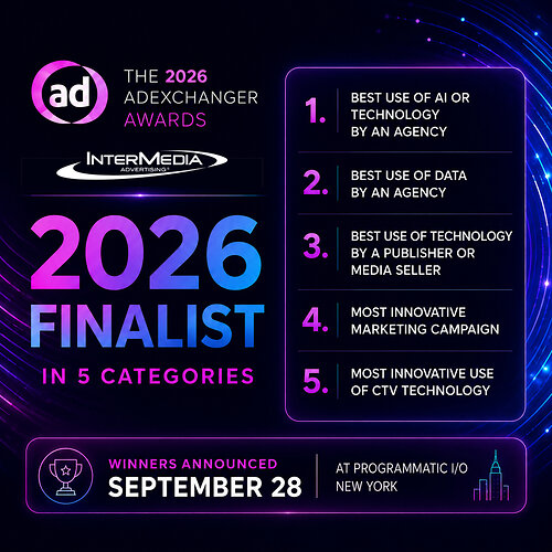 InterMedia Advertising earns five finalist honors at the 2026 AdExchanger Awards, recognizing the agency's work across AI, data, technology and CTV innovation. InterMedia Advertising earns five finalist honors at the 2026 AdExchanger Awards, recognizing the agency's work across AI, data, technology and CTV innovation.