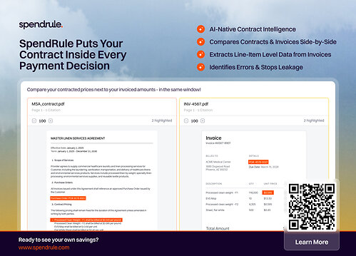 SpendRule's AI-native contract-to-payment integrity platform for healthcare purchased services. Real-time invoice validation against contract terms - before payment.