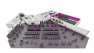 3D rendering of the new 18,000-square-foot Planet Fitness location in Lower Sackville, Nova Scotia, opening in fall 2026.