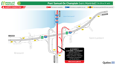 Pont Samuel-De Champlain (vers Montréal), du 28 au 31 août