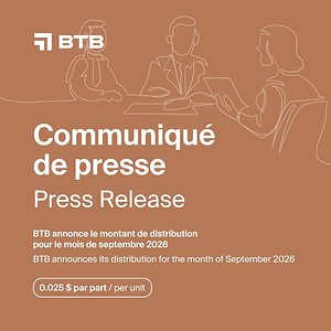 BTB annonce le montant de distribution pour le mois de septembre 2026