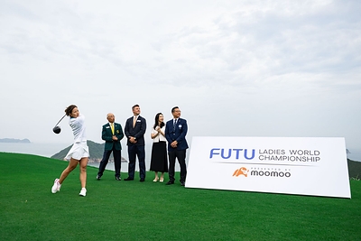 Tiffany Chan, Hong Kong, China's LPGA player and Club Ambassador for The Clearwater Bay Golf & Country Club, performs the ceremonial tee-off, wishing the tournament every success