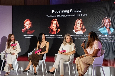 (from left to right) beauty industry veteran and Fat Mascara co-founder Jessica Matlin, actress, wellness advocate, and entrepreneur Sasha Pieterse, Harvard Associate Professorand dermatologist Dr. Anna Mandinova, PCOSAA CEO Megan Stewart, joined the panel "Redefining Beauty: The Future of Gentle, Personalized Self-Care".