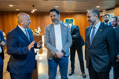 The Governor of the Central Bank of Syria, HE, Mohammed Safwat Raslan (center) with Nedal Nasraween of Qatar National Bank Group (left), and Omar Massarweh, Vice President – Government Affairs and Public Policy, West Arabia, Mastercard (right)