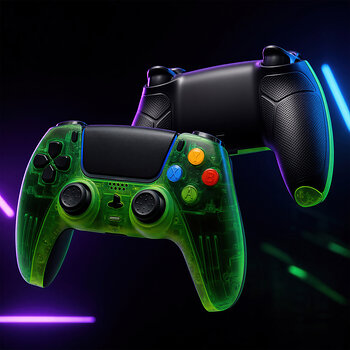 Duke Prime Console War Edition controller showing front and rear with transparent green Xbox-era styling, colorful ABXY-style buttons, interchangeable TMR thumbsticks and black Pro Grip