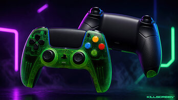 Killscreen Duke Prime CWE PS5 controller shown from the front and rear, featuring transparent fluorescent-green styling, colorful ABXY-style face buttons, black controls and Performance Grip.