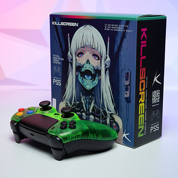 Killscreen Duke Prime CWE pairs a clear green, Xbox-inspired PS5 controller with custom retail packaging created for the Halo-on-PlayStation era