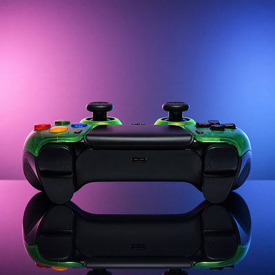 Rear view of the Killscreen Duke Prime CWE showing USB-C, shoulder controls and interchangeable TMR thumbsticks on the transparent green Xbox-inspired PS5 controller.
