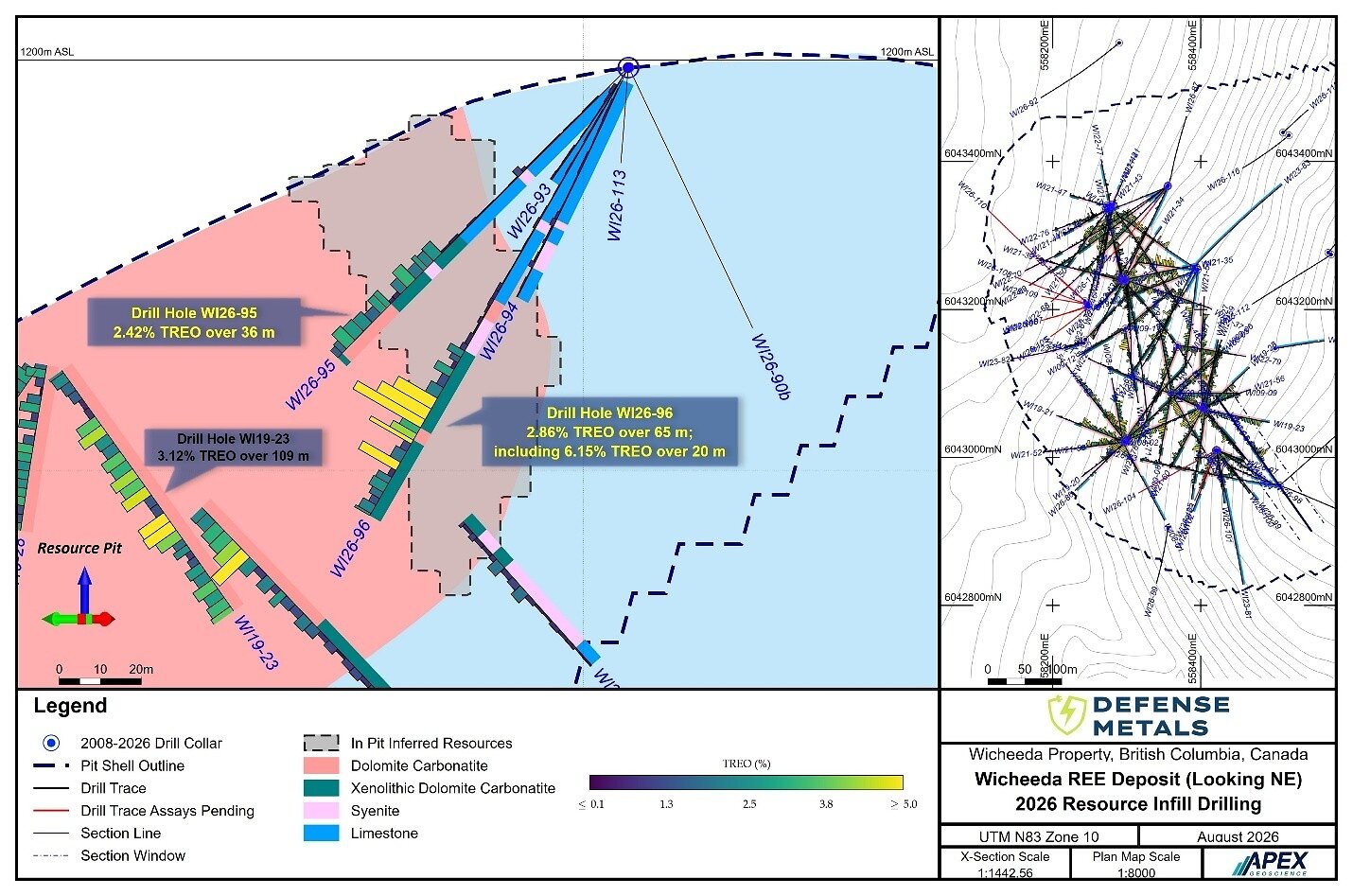 Figure 1. Wicheeda Drill Holes WI26-95 & WI26-96 - Cross Section Looking Northeast