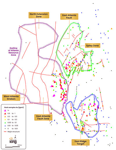 Figure 1. Surface rock sample gold values and interpreted structure at Atlanta, showing the East Ridge Target, and Splay Zone on the footwall east of the Atlanta Resource Zone and on strike with the East Atlanta Fault Zone splays. Figure 1. Surface rock sample gold values and interpreted structure at Atlanta, showing the East Ridge Target, and Splay Zone on the footwall east of the Atlanta Resource Zone and on strike with the East Atlanta Fault Zone splays.