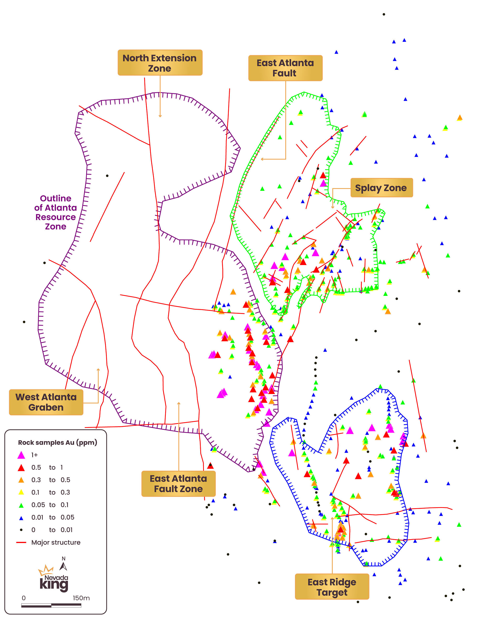 Figure 1. Surface rock sample gold values and interpreted structure at Atlanta, showing the East Ridge Target, and Splay Zone on the footwall east of the Atlanta Resource Zone and on strike with the East Atlanta Fault Zone splays. Figure 1. Surface rock sample gold values and interpreted structure at Atlanta, showing the East Ridge Target, and Splay Zone on the footwall east of the Atlanta Resource Zone and on strike with the East Atlanta Fault Zone splays.
