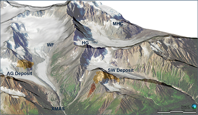 Figure 4. Palmer Project Deposits and Prospect target areas planned for the 2026 field season. Isometric Looking West