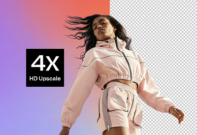 Jukebox's free remove background tool now includes built-in 4x HD image upscaling, shown here on a fashion photo cutout. Users can remove the background from any photo in one click, upscale the image to 4x HD, and download a full-resolution transparent PNG free, with no signup, no account and no watermarks. The free background remover supports JPG, PNG and WebP files, 25MB uploads and batches of up to 50 images, and sends finished cutouts into custom sticker printing at jukeboxprint.com.