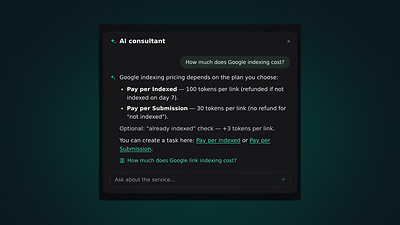 The SpeedyIndex AI Consultant explains Pay per Indexed and Pay per Submission pricing in the dashboard.