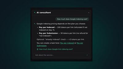 The SpeedyIndex AI Consultant explains Pay per Indexed and Pay per Submission pricing in the dashboard.
