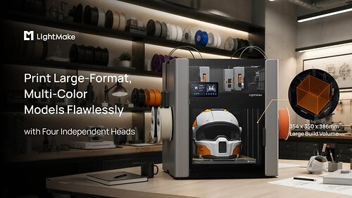 The LightMake L4 3D printer features four independent print heads and a 354 × 350 × 386 mm build volume for large-format, multi-color printing. The LightMake L4 3D printer features four independent print heads and a 354 × 350 × 386 mm build volume for large-format, multi-color printing.
