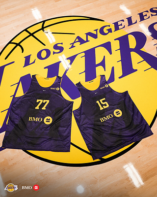 Lakers' newly designed practice jerseys featuring the BMO logo.