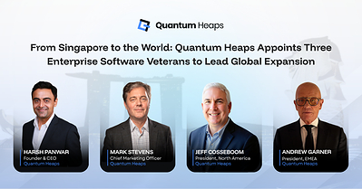 From left: Harsh Panwar, Founder & CEO; Mark Stevens, Chief Marketing Officer; Jeff Cosseboom, President, North America; and Andrew Garner, President, EMEA. Singapore-headquartered Quantum Heaps has appointed three enterprise software veterans to its leadership team to drive expansion across North America and EMEA.