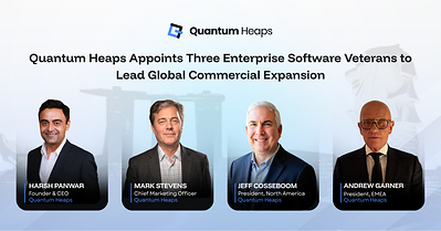 From left: Harsh Panwar, Founder & CEO; Mark Stevens, Chief Marketing Officer; Jeff Cosseboom, President, North America; and Andrew Garner, President, EMEA. Quantum Heaps has appointed three enterprise software veterans to its leadership team to lead commercial expansion across North America and EMEA from its Singapore headquarters.