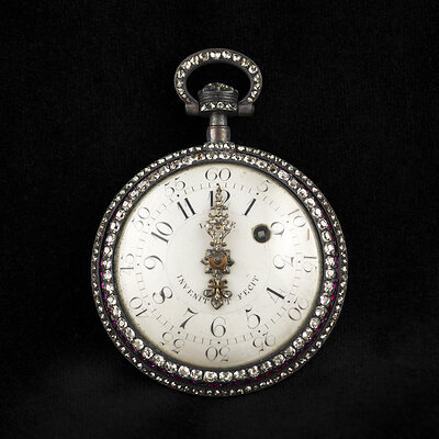 Jean-Antoine Lépine, Pocket watch, c. 1770 of before. Silver, ferrous alloy, diamonds, pink sapphires (?), glass, enamel, enamel powder, and hair, 5.6 × 4 × 1.2 cm. Saint Joseph Trust // Photo: MNBAQ, Louis Hébert