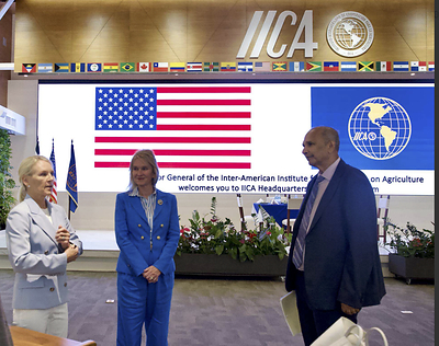 US Ambassadors Melinda Hildebrand and Lynda Blanchard with IICA Director General Ibrahim