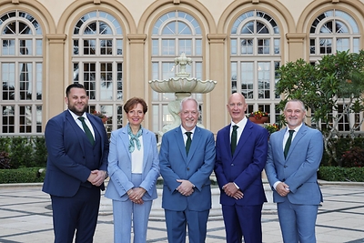 The 2027 MDRT Executive Committee, from left: Simon D. Lister, Dip PFS; Aurora L. Tancock, CFP, FLMI;  Clay Gillespie, CFP, CLU; John F. Nichols, MSM, CLU; and Brad J. Myers, ChFC. 