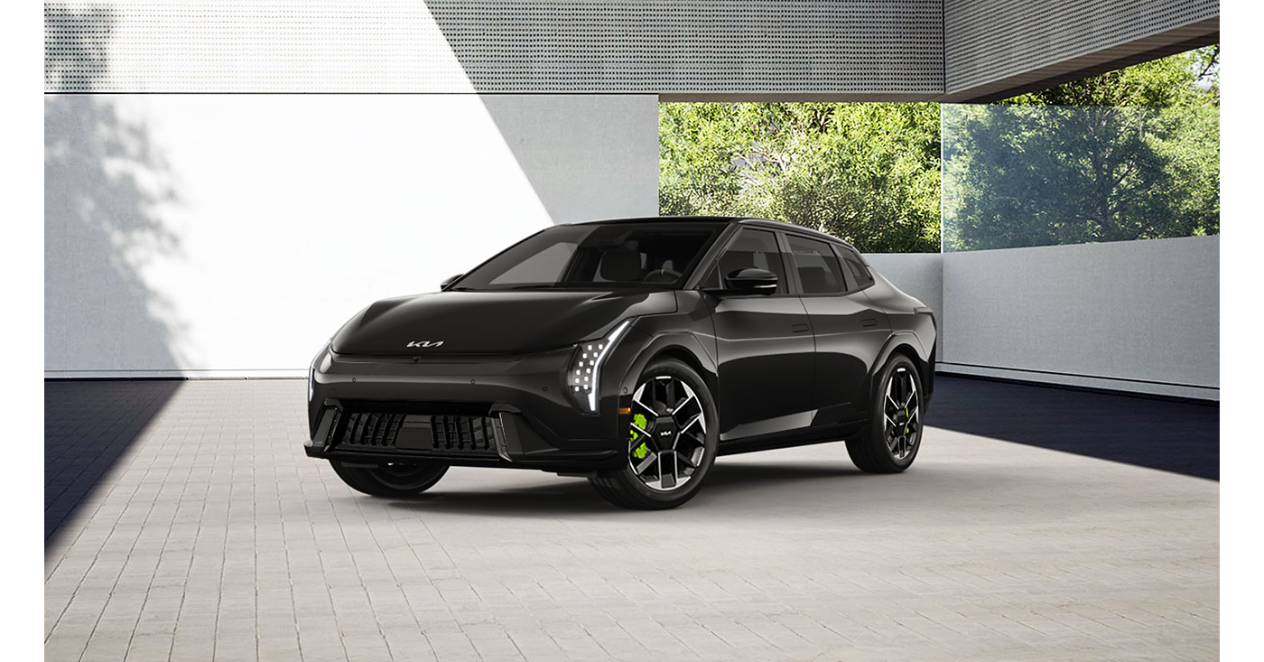 Official Kia Canada image of a black 2027 Kia EV4 GT with neon brake calipers