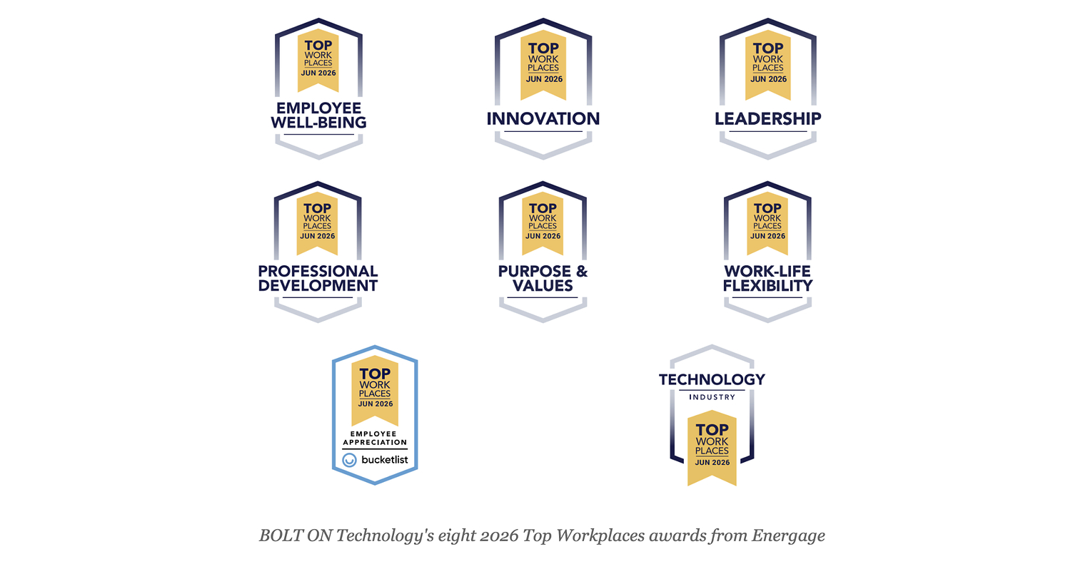 BOLT ON Technology Named a 2026 Top Workplace, Earns Eight Culture Excellence Awards from Energage