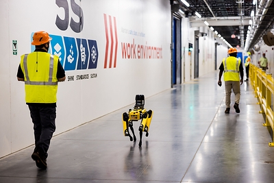 Purina employees and robot dog, Spot, walk the hall of Purina’s new pet food factory in Ohio during its grand opening on August 31, 2026. Spot, created by Boston Dynamics, is trained to conduct thermal and acoustic inspections of machinery as part of the factory’s digital manufacturing program. 