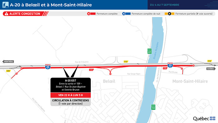 Circulation à contresens sur l’autoroute 20 entre Beloeil et Mont-Saint-Hilaire, du 4 au 7 septembre 2026.