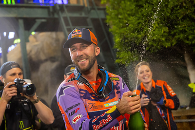 Eli Tomac celebrating after winning the Anaheim Opener at Angel Stadium in Anaheim, California, in January of this year.