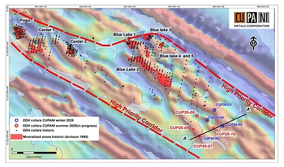 Figure 3: Location map of Cupani’s holes drilled in 2026 with historic mineralised zones.  The background is the shaded vertical gradient Magnetic map from the 2011 VTEM survey over the area.  Vertical section A-A' is shown in figure 4.