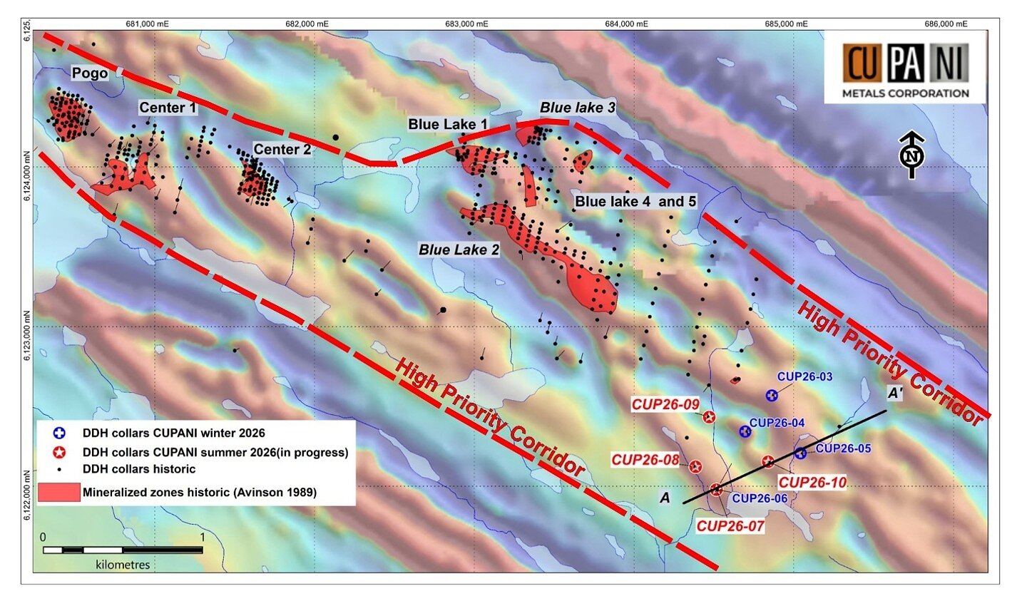 Figure 3: Location map of Cupani’s holes drilled in 2026 with historic mineralised zones. The background is the shaded vertical gradient Magnetic map from the 2011 VTEM survey over the area. Vertical section A-A' is shown in figure 4. Figure 3: Location map of Cupani’s holes drilled in 2026 with historic mineralised zones. The background is the shaded vertical gradient Magnetic map from the 2011 VTEM survey over the area. Vertical section A-A' is shown in figure 4.