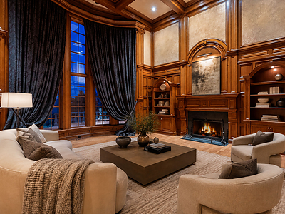 Situated at the heart of the home on the entry level, the great room features lofted, two-story ceilings, custom wood paneling and a wood-burning fireplace. A wall of windows provides riverfront views. IdahoLuxuryAuction.com.