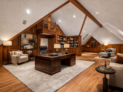 An executive office suite features pitched ceilings, custom wood finishes, a fireplace lounge and access to the outdoor terraces. Private stairs lead to the uppermost (fourth) living level. IdahoLuxuryAuction.com.