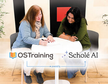Robbie Adair, CEO of OS Training LLC, and Vinitra Swamy, CEO of Scholé AI, wign partnership agreement.