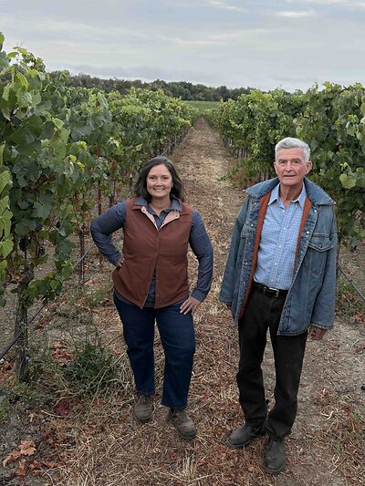 Third- and fourth-generation growers George A. Thomson and Jennifer R. Thomson at Thomson Vineyards in Carneros during the 2026 harvest. Photo: Thomson Vineyards.