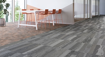 Each style from the In the Making collection is an exploration of subtle movement, softened geometry and textural depth—bringing rhythm, balance and visual interest without overwhelming the space. The collection consists of three bold patterns—Traced, Preparation and Gestural—in 12 colorways, all available in ethos® carpet tile, Flex-Aire™ cushion carpet tile and Powerbond® hybrid carpet. Pictured above: Gestural in the color Impulse and Preparation in the color Composed. 