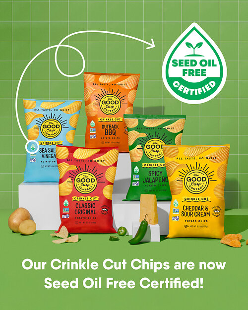 The Good Crisp Company’s Crinkle Cut Chips are now Seed Oil Free Certified®. Additionally, they are gluten-free and made without artificial colors, and GMO ingredients.