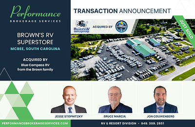 Performance Brokerage Services Advises on the Sale of Brown’s RV Superstore in McBee, South Carolina from the Brown Family to Blue Compass RV