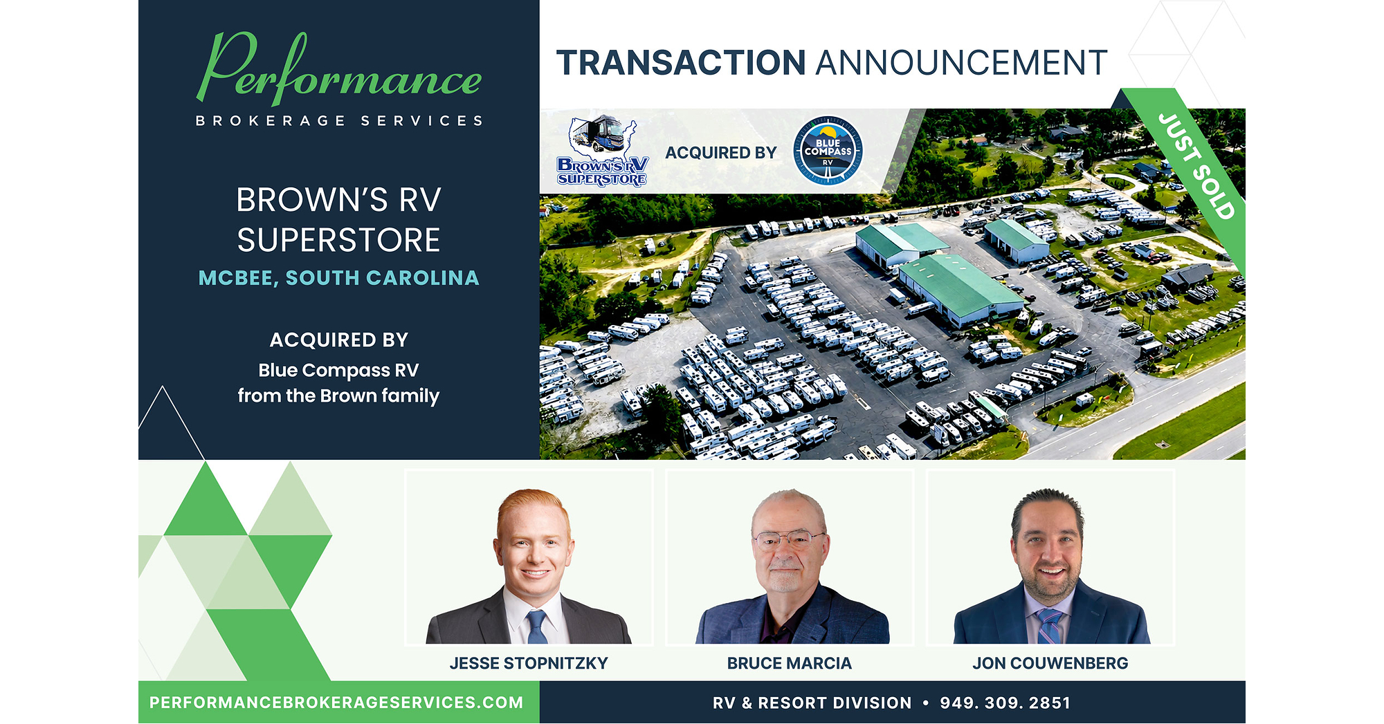 Performance Brokerage Services Advises on the Sale of Brown's RV Superstore in McBee, South Carolina from the Brown Family to Blue Compass RV