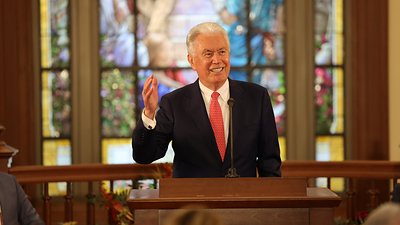 Dieter F. Uchtdorf, Acting President of the Quorum of the Twelve Apostles, speaks at a media event in the West Temple Entrance Building of the Salt Lake Temple on Tuesday, September 1, 2026. 