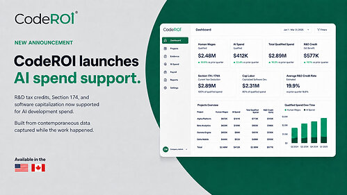 CodeROI now extends R&D tax credits, Section 174 treatment, and software capitalization to AI development spend in the U.S. and Canada. The platform measures human and agentic AI work side by side, with every figure built from contemporaneous data captured while the work happened. Pictured: the CodeROI dashboard showing qualified human wages and AI spend flowing into one credit calculation. CodeROI now extends R&D tax credits, Section 174 treatment, and software capitalization to AI development spend in the U.S. and Canada. The platform measures human and agentic AI work side by side, with every figure built from contemporaneous data captured while the work happened. Pictured: the CodeROI dashboard showing qualified human wages and AI spend flowing into one credit calculation.