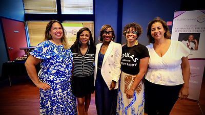 From left to right; Diana Derige chief strategy officer for Birth Center Equity, Actress Naturi Naughton-Lewis, Kimberly Seals Allers founder of IRTH, Twylla Dillion president & CEO of HealthConnect One, Rebecca Polston chief operating officer for Birth Center Equity