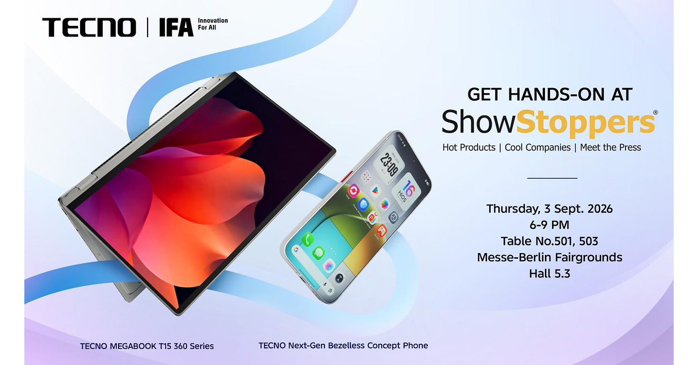 TECNO Will Bring Next-Gen Bezelless Concept Phone and 360° Hinge MEGABOOK T15 360 Pro to IFA ShowStoppers 2026